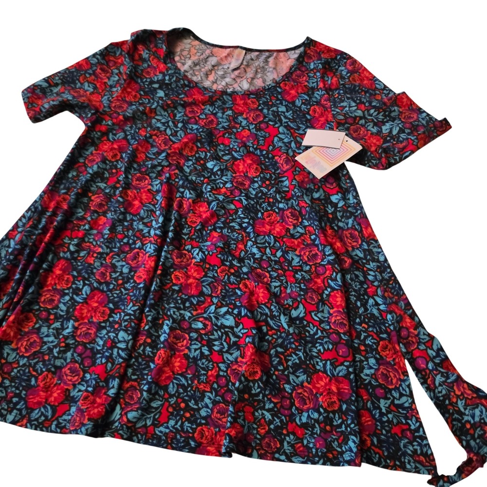 LuLaRoe Irma Tunic Top Womens Medium Floral Rose High Low Short Sleeve Red Blue